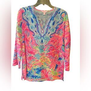 Lilly Pulitzer Sz XS Fuschia Pink Renato Palm Beach Silk Tunic Blouse